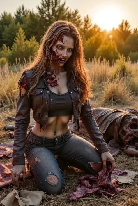 Zombie woman on her knees eating a dead horse, wearing torn leather, tearing off flesh, rotting flesh, open wounds, undead, blood and gore, bloody wounds, torn flesh, in a rye field, sunset