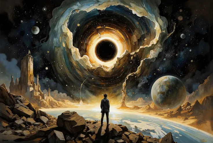 A hauntingly beautiful comic book illustration by Greg Rutkowski. A cosmic canvas showcases a supermassive black hole's grasp on the fabric of spacetime, as if the very threads of existence are unraveling. A nearby planet, once serene, is now being rent as...