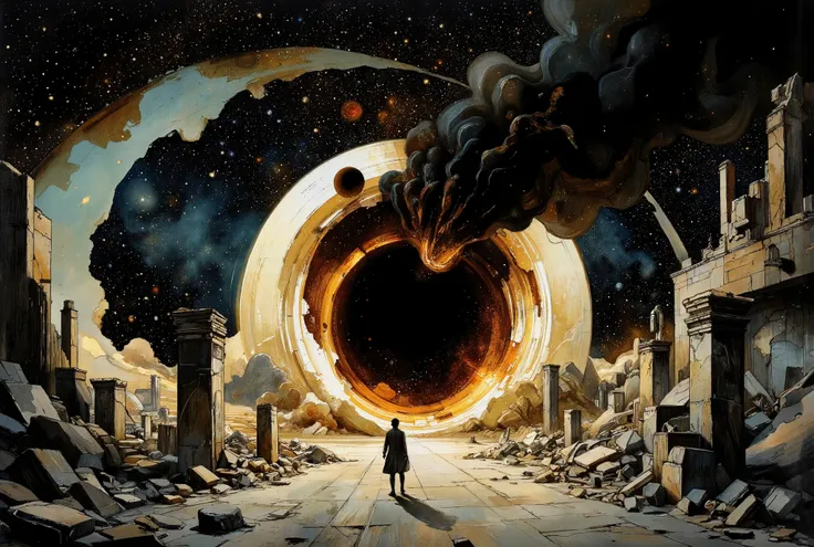 A hauntingly beautiful comic book illustration by Greg Rutkowski. A cosmic canvas showcases a supermassive black hole's grasp on the fabric of spacetime, as if the very threads of existence are unraveling. A nearby planet, once serene, is now being rent as...