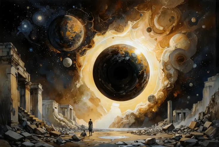 A hauntingly beautiful comic book illustration by Greg Rutkowski. A cosmic canvas showcases a supermassive black hole's grasp on the fabric of spacetime, as if the very threads of existence are unraveling. A nearby planet, once serene, is now being rent as...