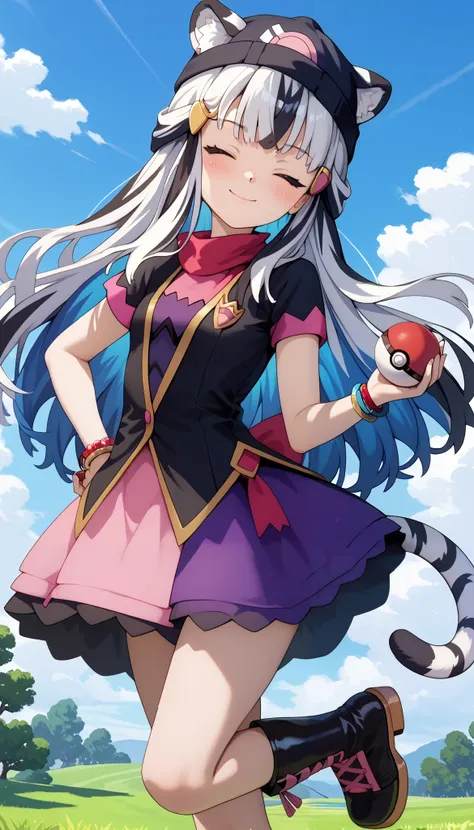 ((masterpiece)), 1girl, solo, long hair, white tiger ears, white tiger tail, closed eyes, ((Dawn's outfit)), purple outfit, black outfit, multicolored outfit, bracelet, high black boots, blush, short skirt, thick hair, looking at viewer, teasing smile, Daw...