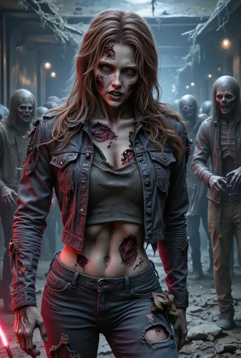 undead zombie girl attacking a living man