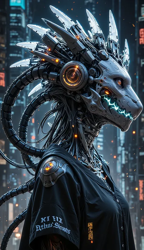 A futuristic female cyborg with a city integrated from her neck to her head undergoes a radical transformation. Skyscrapers break apart, transforming into glowing mechanical cubes, shifting gears, and neon-filled organic tendrils. Some buildings melt into ...