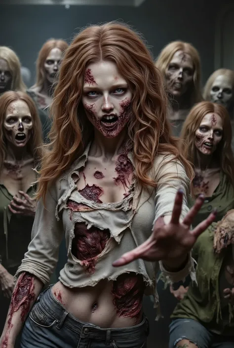 Zombie girl surrounded by other zombies, rotting flesh, open wounds, undead, open mouth with rotting teeth and blood, severed nose, blood and gore, bloody wounds, torn flesh, one arm reaching out to the viewer,