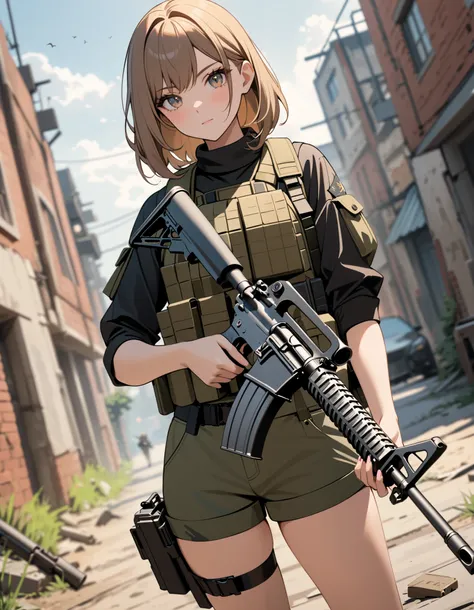masterpiece, absurdres, highres, newest, 1girl, holding m16, c-m16, perfection, perfect gun, very detailed weapon, perfect hand holding weapon, fix hands, looking at viewer, outdoors, depth of field, dutch angle