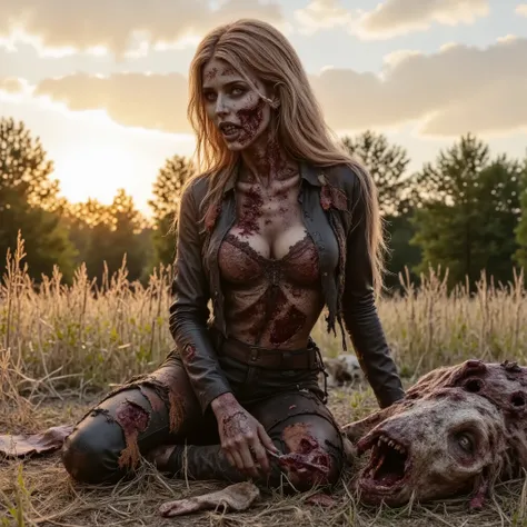 Zombie woman on her knees eating a dead horse, wearing torn leather, tearing off flesh, rotting flesh, open wounds, undead, blood and gore, bloody wounds, torn flesh, in a rye field, sunset
