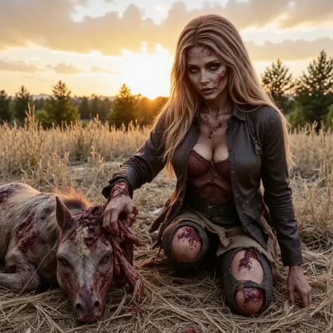 Zombie woman on her knees eating a dead horse, wearing torn leather, tearing off flesh, rotting flesh, open wounds, undead, blood and gore, bloody wounds, torn flesh, in a rye field, sunset