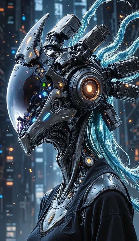 A futuristic female cyborg with a city integrated from her neck to her head undergoes a radical transformation. Skyscrapers break apart, transforming into glowing mechanical cubes, shifting gears, and neon-filled organic tendrils. Some buildings melt into ...