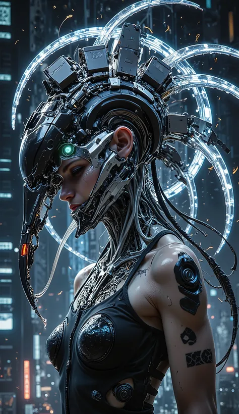 A futuristic female cyborg with a city integrated from her neck to her head undergoes a radical transformation. Skyscrapers break apart, transforming into glowing mechanical cubes, shifting gears, and neon-filled organic tendrils. Some buildings melt into ...