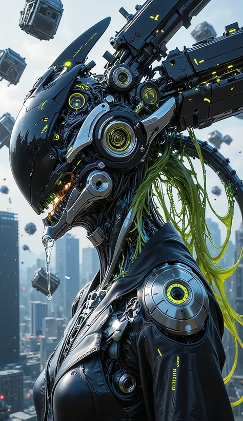 A futuristic female cyborg with a city integrated from her neck to her head undergoes a radical transformation. Skyscrapers break apart, transforming into glowing mechanical cubes, shifting gears, and neon-filled organic tendrils. Some buildings melt into ...