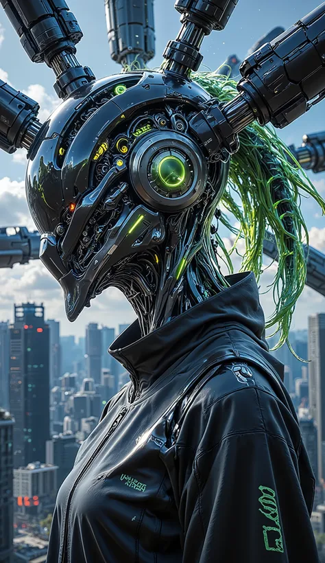 A futuristic female cyborg with a city integrated from her neck to her head undergoes a radical transformation. Skyscrapers break apart, transforming into glowing mechanical cubes, shifting gears, and neon-filled organic tendrils. Some buildings melt into ...