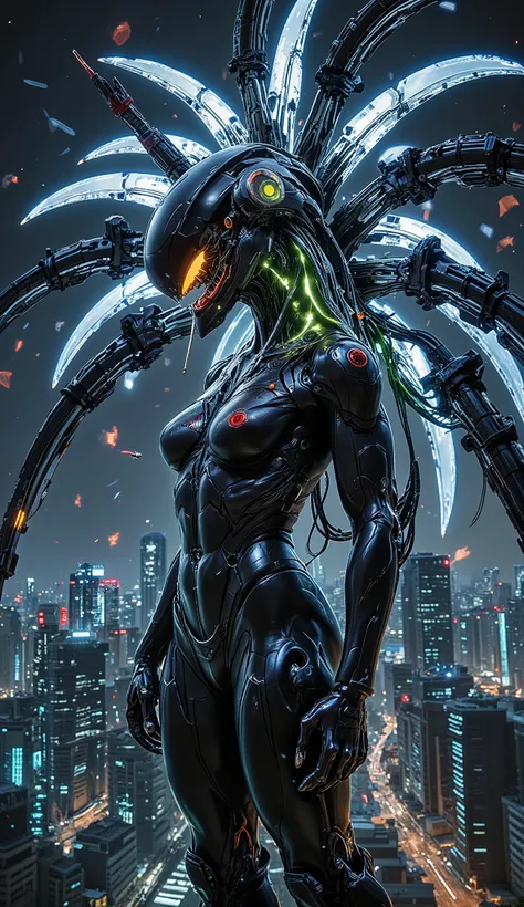A futuristic female cyborg with a city integrated from her neck to her head undergoes a radical transformation. Skyscrapers break apart, transforming into glowing mechanical cubes, shifting gears, and neon-filled organic tendrils. Some buildings melt into ...