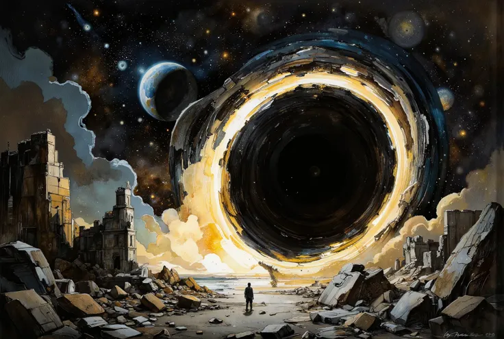 A hauntingly beautiful comic book illustration by Greg Rutkowski. A cosmic canvas showcases a supermassive black hole's grasp on the fabric of spacetime, as if the very threads of existence are unraveling. A nearby planet, once serene, is now being rent as...