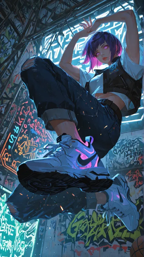 1girl, tomboy character, pure white backdrop, anime illustration, (short layered haircut:1.1), graphic muscle tank, distressed denim vest, mid-air jumping pose, wind-swept clothing, (detailed eye reflections:1.2), glossy lips slightly parted, toned calf mu...