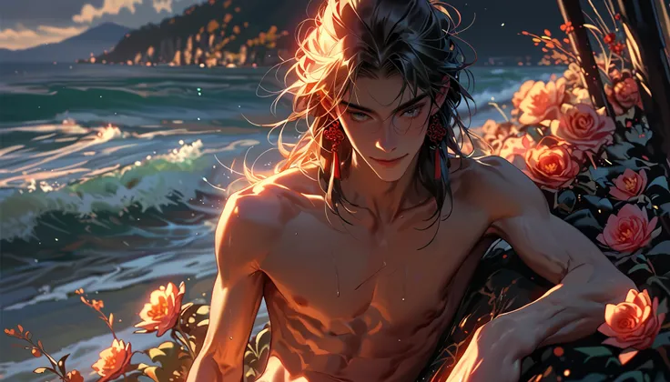a skinny chinese boy, 20 years old, is sitting down in a flowers hill field watching the sea waves against the high cliffs on the sea, he has long blond hair, slim boy, skinny abs, naked, he is showing his penis with few pubic hair, smiling facial expressi...