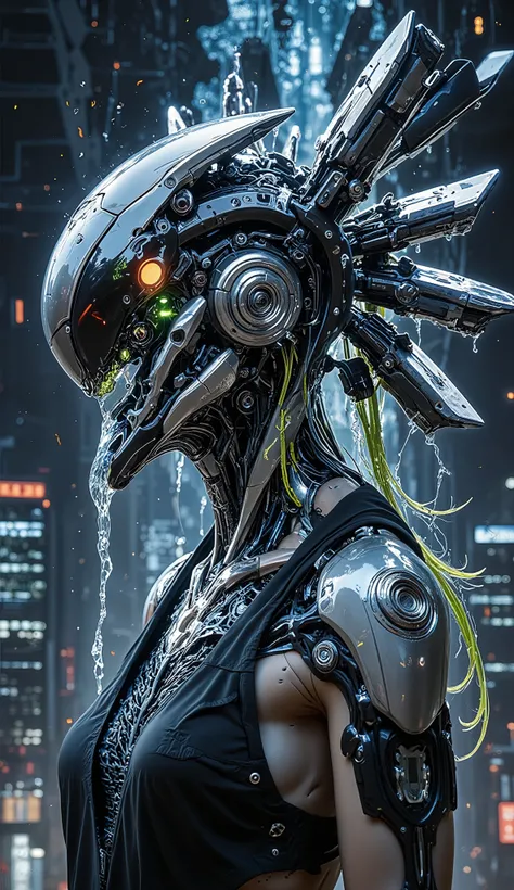 A futuristic female cyborg with a city integrated from her neck to her head undergoes a radical transformation. Skyscrapers break apart, transforming into glowing mechanical cubes, shifting gears, and neon-filled organic tendrils. Some buildings melt into ...