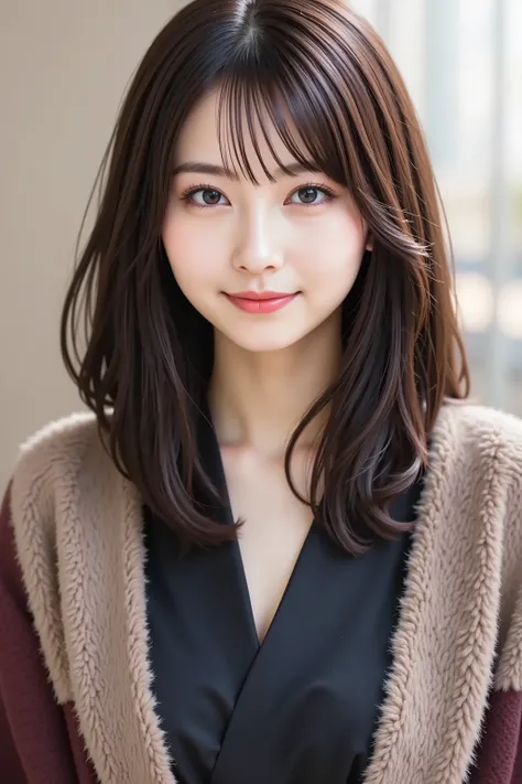with the face positioned exactly in the center of the image , Upper chest , illustration of a woman with a penis , I can clearly see my face 、 snowy black fur coat, Outside a snowy winter landscape, long hair、bungs, smile, young and cute Japanese face , ...