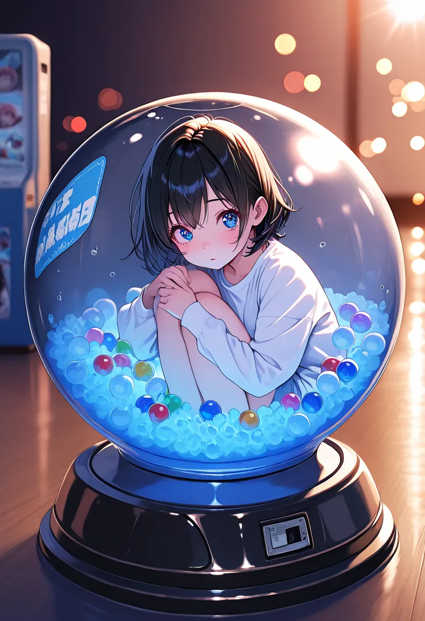 gashapon, capsule, toy, figure, girl, anime_screencap, bokeh, masterpiece, best quality, perfect anatomy, very aesthetic, amazing quality, high resolution, ultra-detailed, absurdres, newest, depth of field, anime_screenshot