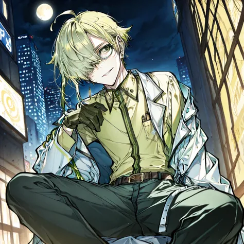 (boy), green ivy hair, green eyes, short cut, side part, ahoge, hair over one eye, short, solo, outside, at night, Thin, yellow half moon, pants,  grinning Smile, male, glasses, earrings, gloves, belt, delicate facial features, outside, in the city, Doctor...
