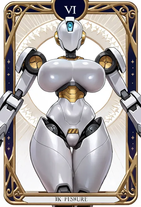(high quality),(masterpiece),(detailed description),(8k),perfect human body, tarot card frame ,Robot Girl,tank,Silver,Big Breasts,fissure in crotch,thick crotch,