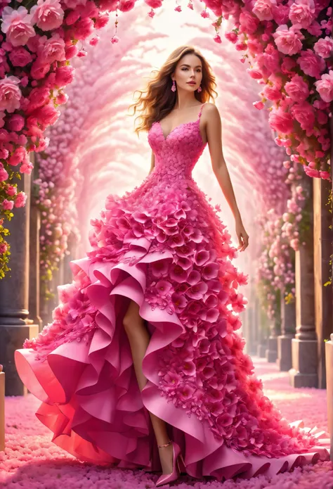 Best quality,4k, 8 K,a high resolution, masterpiece, unique, bright, perfect, well done, woman made of pink flowers, flower dress with wide bokeh skirt, pink stiletto shoes,full length,very detailed,realistic,realistic,студийное Photo,Very detailed,Dynamic...