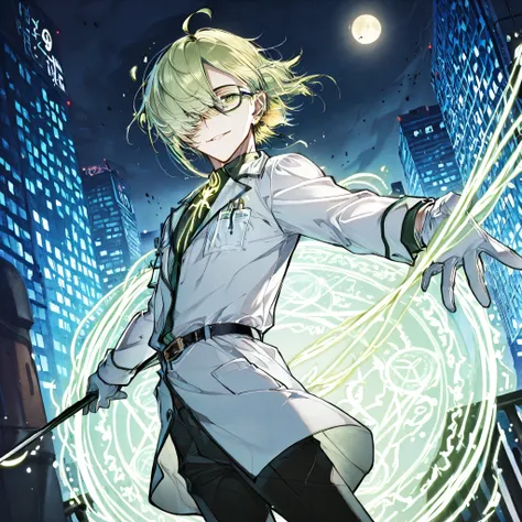 (boy), green ivy hair, green eyes, short cut, side part, ahoge, hair over one eye, short, solo, outside, at night, Thin, yellow half moon, pants,  grinning Smile, male, glasses, earrings, gloves, belt, delicate facial features, outside, in the city, Doctor...