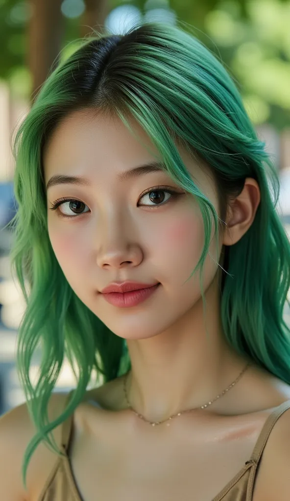  green hair, 1 girl, high resolution, dutch angle, 4K, open your mouth and smile、best quality, realistic, Expert adjustment, beautiful color, Bokeh, Impressive lighting, Lush landscape, Natural texture, real-time CG rendering
