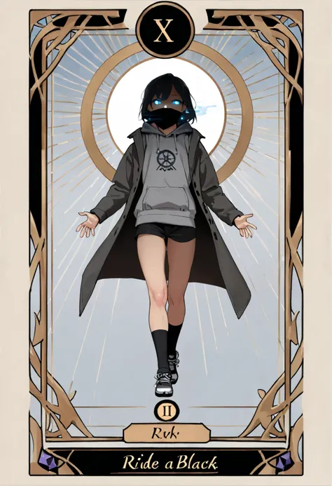 (high quality),(masterpiece),(detailed description),(8k),perfect human body, tarot card frame , black hair,shortcuts,glowing eyes,Blue Eyes,Hooded,gray hoodie,wear a black long coat,hide your mouth with a bandana,Gun possession,black shorts,black socks tha...