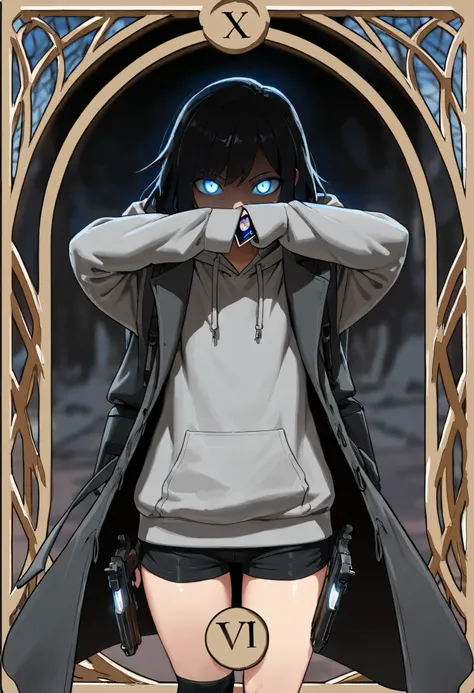 (high quality),(masterpiece),(detailed description),(8k),perfect human body, tarot card frame , black hair,shortcuts,glowing eyes,Blue Eyes,Hooded,gray hoodie,wear a black long coat,hide your mouth with a bandana,Gun possession,black shorts,black socks tha...