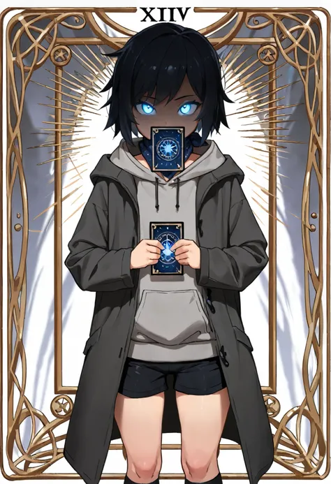 (high quality),(masterpiece),(detailed description),(8k),perfect human body, tarot card frame , black hair,shortcuts,glowing eyes,Blue Eyes,Hooded,gray hoodie,wear a black long coat,Bandana on mouth,Gun possession,black shorts,black socks that cover your t...