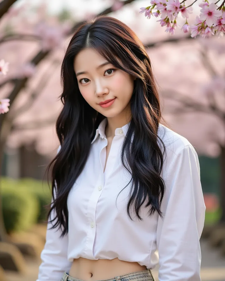 full body pose、realistic、、Illuminated by、smiling Japanese woman、tight white collared shirt、denim skinny pants、 black hair straight、length、Flat chest、Sakurajima background 、Cherry blossom blizzard sunlight、Soft Expression、Relaxed Posture、high resolution,8k,...