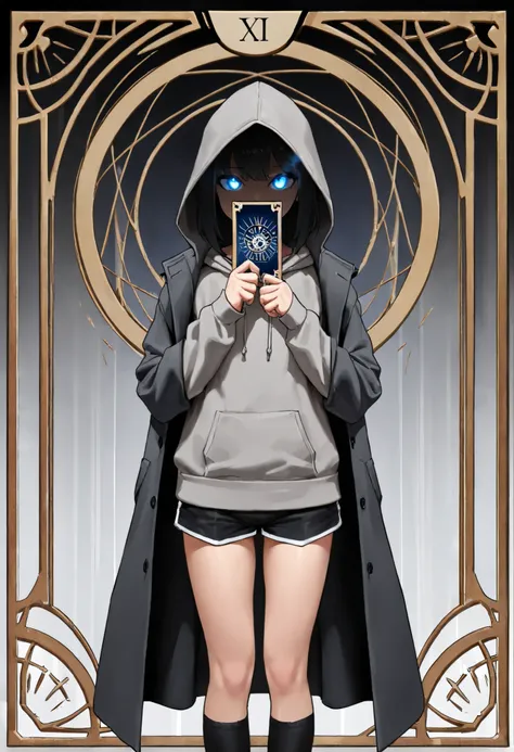 (high quality),(masterpiece),(detailed description),(8k),perfect human body, tarot card frame , black hair,shortcuts,glowing eyes,Blue Eyes,Hooded,gray hoodie,wear a black long coat,Gun possession,black shorts,black socks that cover your thighs, flat chest...