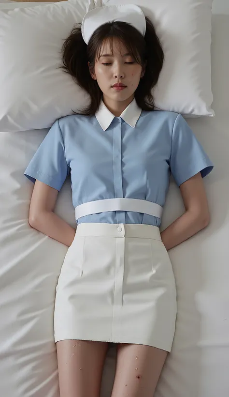 A pretty Japanese nurse is laying unconscious on the bed, bound wrists behind your back, eyes close, very bright white skin, brown spread hair, natural bang, cum on face, cum on her fore head, cum on skirt, cum on her thighs, wearing a white nurse uniform,...