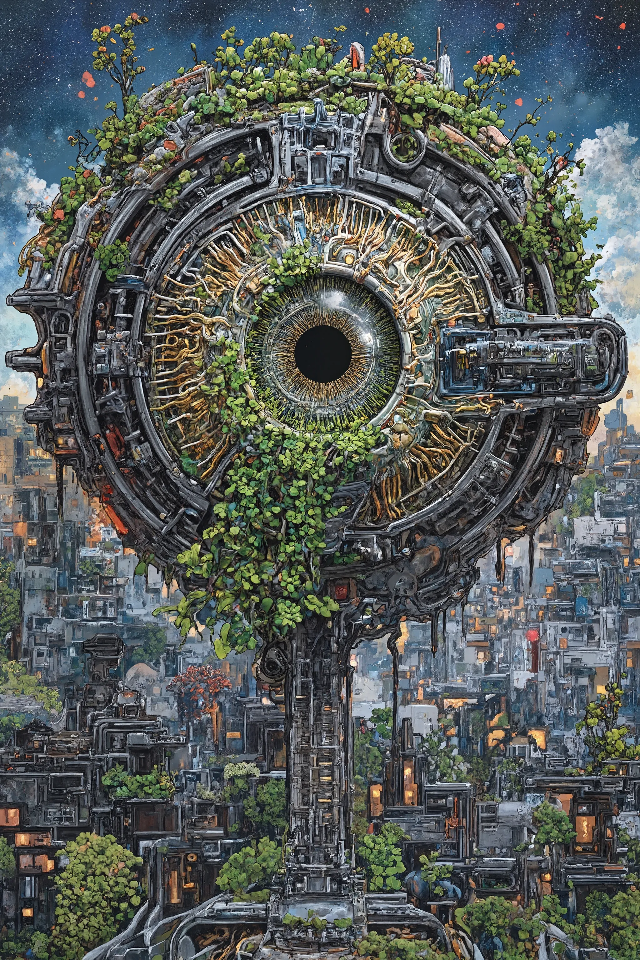 (masterpiece,top quality:1.2),theme is cybernetic eye,Complex Circuits、（Fusion of machines, nerve system, plants, and human society),what's your thought?