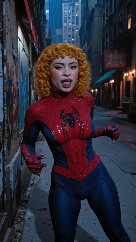 A cinematic close-up scene from a Spider-Man film, showing a superhero portrayed by Ice Spice. She is wearing a classic Spider-Man suit with a sleek, tight-fitting red and blue design, black webbing, and a bold spider logo on her chest. The suit is glossy,...
