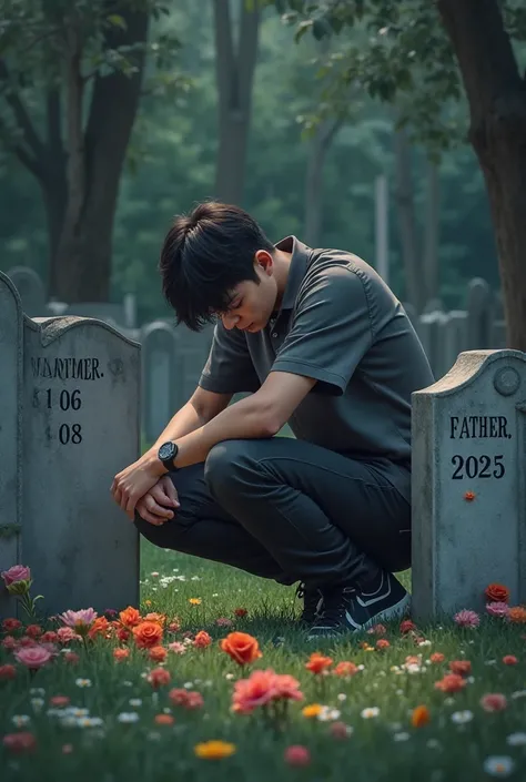 A 21-year-old man is sitting in grief near his parents' grave 
The late Ola, who died in 2025, and the grave of his mother, who died in 2010