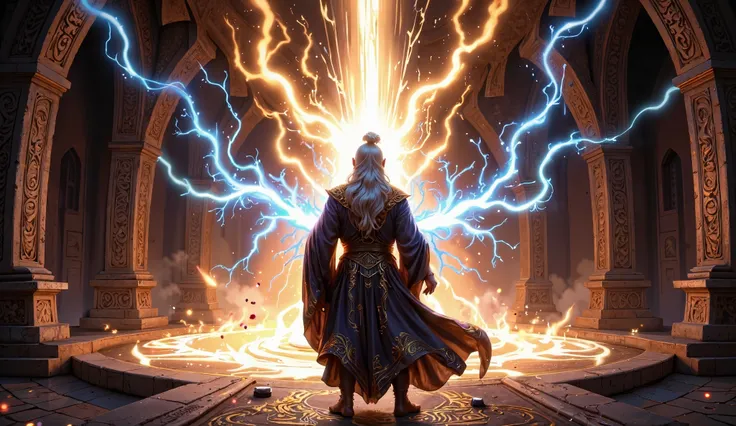 Create a high-quality, semi-realistic 3D animated fantasy art style image depicting a powerful and intense scene inside a mysterious Astra-Gar (divine forge) where an extraordinary Astra is being forged. The Astra itself is hidden from view, but its overwh...