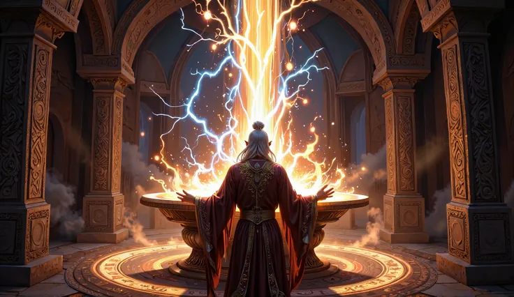 Create a high-quality, semi-realistic 3D animated fantasy art style image depicting a powerful and intense scene inside a mysterious Astra-Gar (divine forge) where an extraordinary Astra is being forged. The Astra itself is hidden from view, but its overwh...
