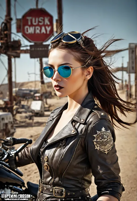 steampunk atmosphere, dramatic art , estilo de arte Dieselpunk, the apocalyptic atmosphere of Road Warrior, girl in beautiful mirrored sunglasses, Bare chest,that reflect everything around her, surreal digital art, Mad Max inspired, heavy metal art work, ...
