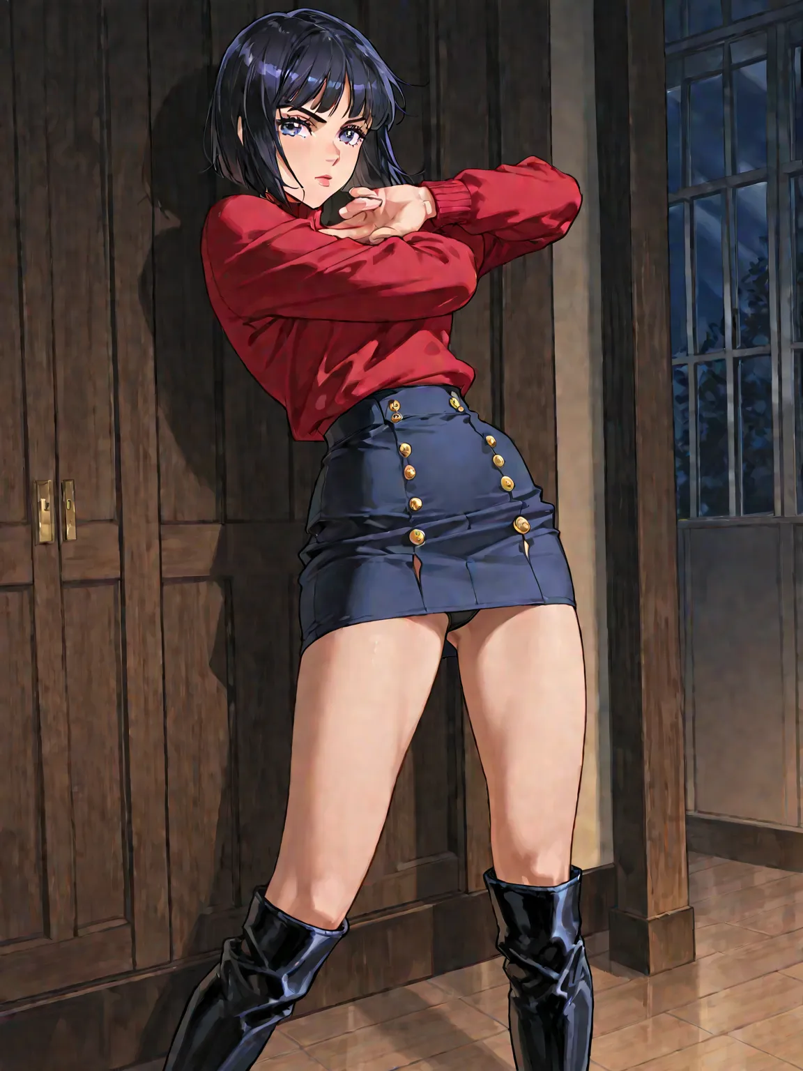  Short bob black hair ,red sweater,navy blue tight skirt mini,black long boots,Athlete Body Shape,JoJo face,pretty face,A very serious face,along the coast,Late Night,Inside a barbed back,Jojo pose,Leaning back greatly,black panties visible