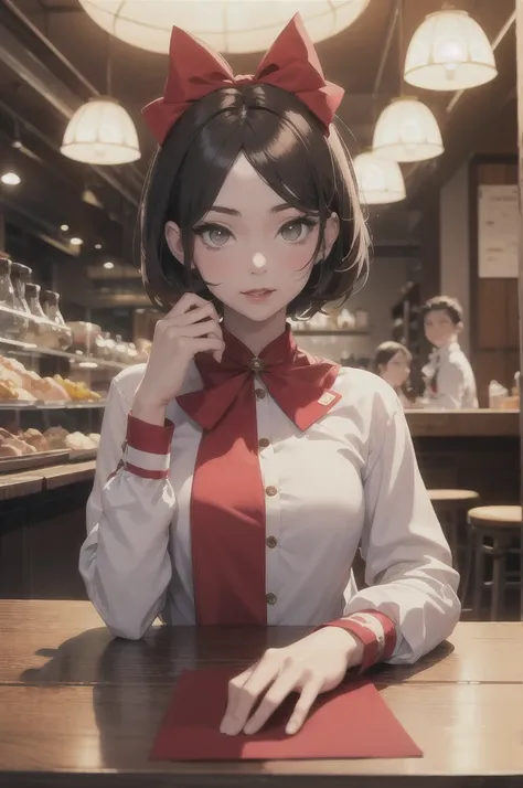 A photo of a young, nerdy woman sitting in a caf, wearing a white shirt and a bow, surrounded by a cozy atmosphere, looking at the viewer.
short hair, slender, red lips, transparent fabric, flirting with the camera