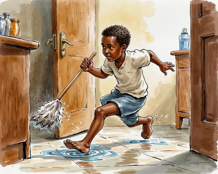 A boy slipping while mopping the floor, Nigerians.
Water color illustration