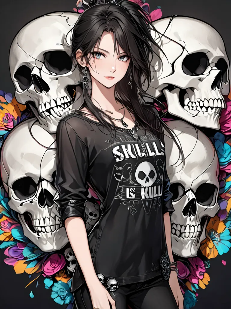 Ultra-realistic John Varvatos style, Simple line acronym abstract art, Cute design,  the best beautiful girl ever, (((Background is skulls))), 