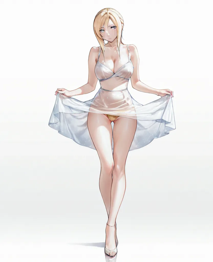 Aya Brea　 Gold　Blue Eyes　full body　adult woman in her 20s is standing wearing a transparent dress、A、designed to show cleavage、 lifts up skirt 、Visible thighs、Invisible underwear、low angle