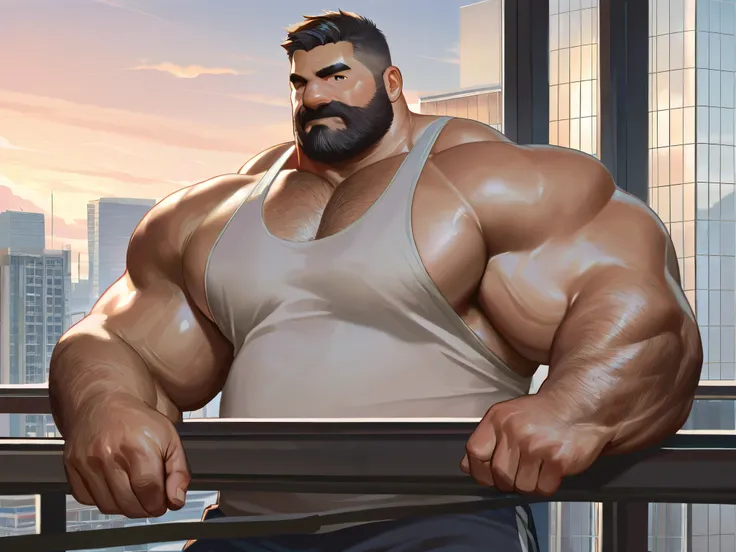 solo, massive muscular mature male, bearded, chubby, looking to viewer, shirtless, very huge pectoral, shorts, city, detailed face, wide shoulder, thick arms, wide pectoral, muscle, short hair:1.2, masterpiece, semirealistic:1.2, high detailed, 8k, high re...