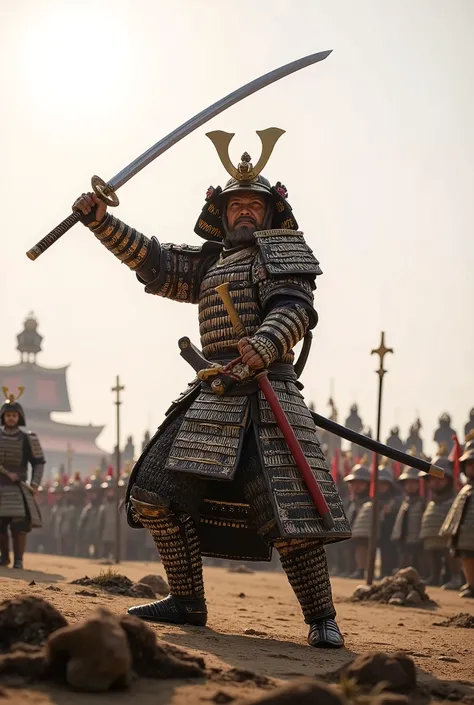 (Masterpiece, high quality, high resolution, photo-realistic), Upper-body shot:1.5, One Japanese traditional samurai, thirty-five years old, very long-shaped and detailed very scary face1:5, great detail of his armor, helmet and one long Japanese sword:1.5...