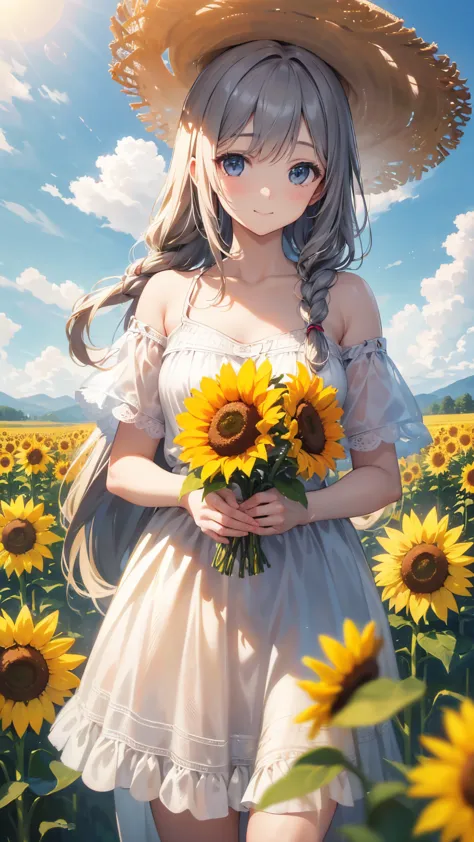 1 girl,(RAW photo, best quality), (realistic, photo-realistic:1.4), masterpiece, very delicate and beautiful, very detailed, 2k wallpaper, is amazing, fine grained, white dress, long hair, innocent smile,  Sunny, summer, straw hat, Sunflower field, 