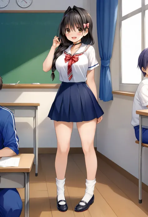 smiling at many boys with blushing cheeks,standing by the school classroom window,I'm stroking my hair by the school classroom window立っています,Full Body,short girl,Thin body,perfect face,perfect body, detailed brown eyes ,Beautifully flowing hair ,black hair ...