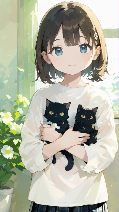 best quality、 black catを抱く女の子、cute、brown hair、French plaid、 black cat、Lucky cat、 natural appearance 、Long Hit、natural light