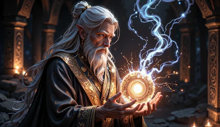 "High-quality, semi-realistic 3D animated fantasy art style. An elderly Devta with long flowing white hair tied in a topknot and a majestic beard stands in a dimly lit Astra-Gar. His face shows awe and wonder as he gazes intensely at a powerful Astra held ...
